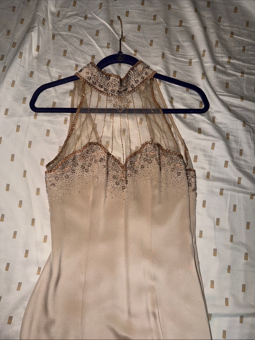 Vintage Cream Silk Halter Dress with Beaded Collar